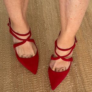 Neiman Marcus Revolve New Red Suede Stiletto Strapy Heels Pump Fit 7 to 7.5 ❤️🔥